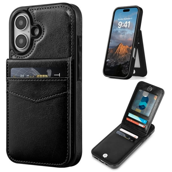 VENINGO for iPhone 16 Wallet Case 6.1" with Card Holder Slots PU Leather Kickstand Magnetic Lock Lightweight Shockproof Full Body Protective Cover for iPhone 16, Black