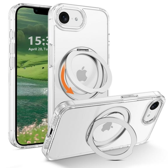 VENINGO iPhone 16e Case 6.1",Magnetic Translucent Shockproof Phone Case for iPhone 16e with Rotatable Invisible Kickstand Ring Holder,Clear