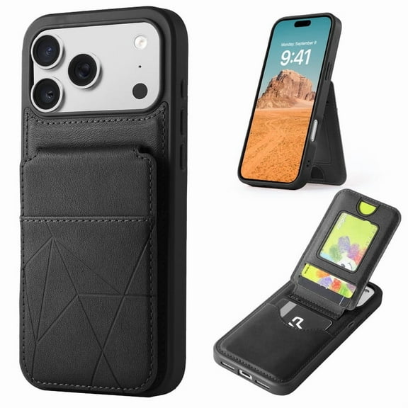 VENINGO for iPhone 17 Pro Max Case Wallet with Credit Card Holder, Flip Premium Leather Kickstand Wallet Case, Lightweight Shockproof Full Body Protective Cover for iPhone 17 Pro Max, Black