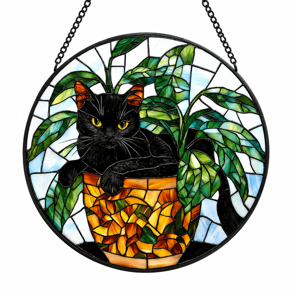 VENLO Black Cat Botanical Stained Glass Suncatcher, Round Window Hanging Decor