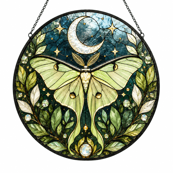 VENLO Celestial Luna Moth Stained Glass Suncatcher, Moon Window Hanging Decor