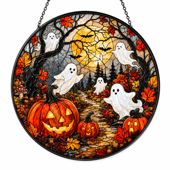 VENLO Ghost Pumpkin Stained Glass Suncatcher, Halloween Window Hanging Decor