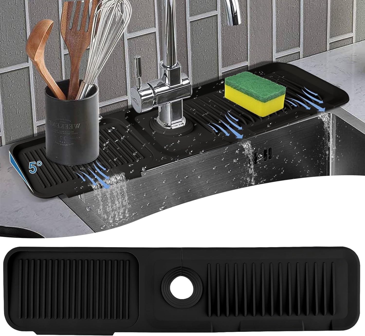 VENMATE 24"x5.5" Silicone Faucet Sink Splash Guard for Bathroom, Kitchen Faucet Mat,Rectangular Black