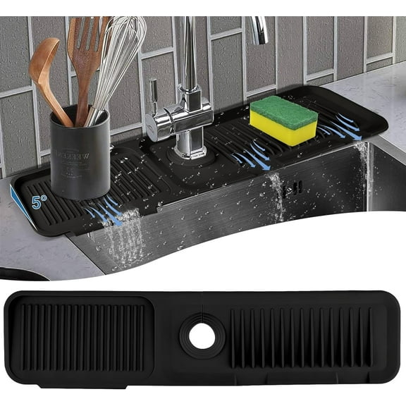 VENMATE 24"x5.5" Silicone Faucet Sink Splash Guard for Bathroom, Kitchen Faucet Mat,Rectangular Black