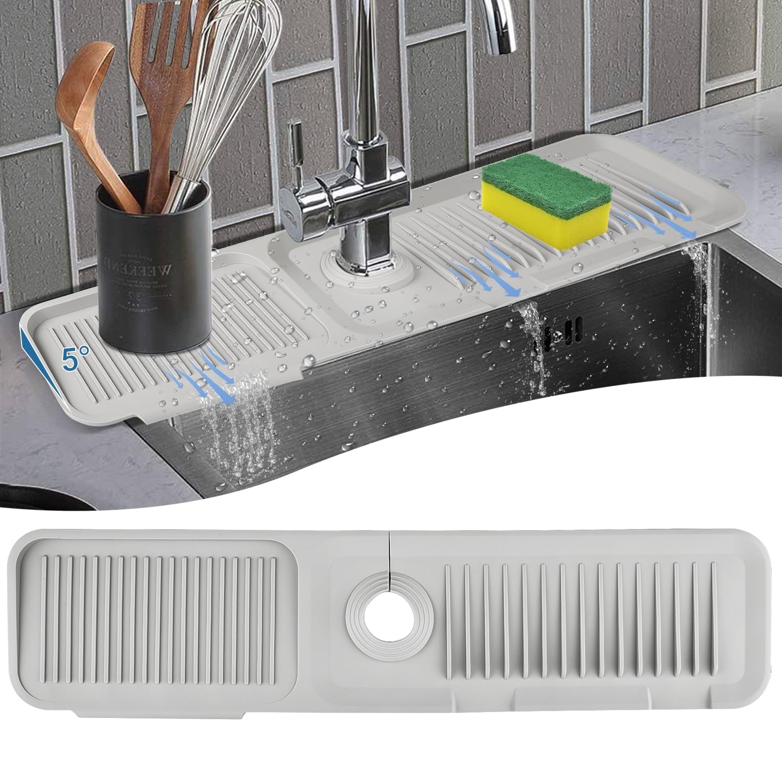 VENMATE 24"x5.5" Silicone Sink Mat, Kitchen Faucet Mat,Light Gray