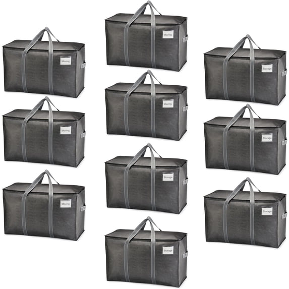 VENO 10 Pack XL Heavy Duty Foldable College Packing Moving Storage Zipper Bag W/ Reinforced Structure Alternative to Moving Box (Dark Gray)
