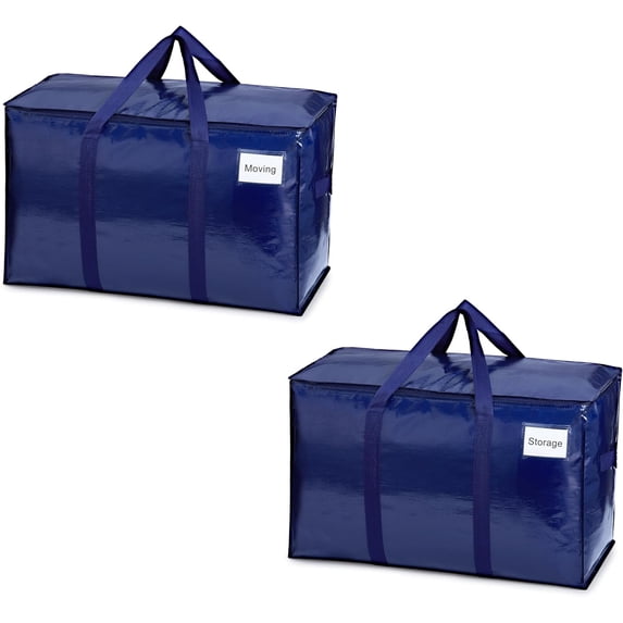 VENO 2 Pack XL Heavy Duty Foldable College Packing Moving Storage Zipper Bag W/ Reinforced Structure Alternative to Moving Box (Blue)