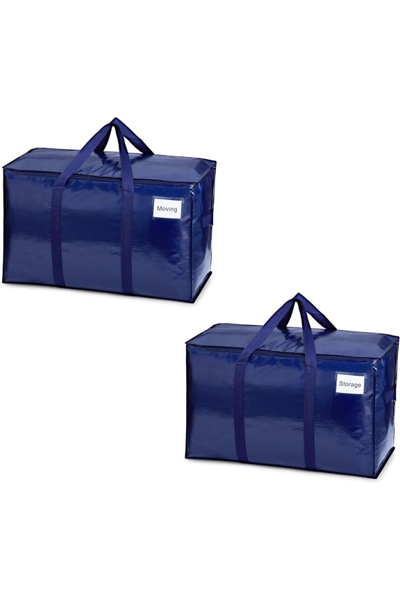 2 Pack XL Heavy Duty Foldable College Packing Moving Storage Zipper Bag W/ Reinforced Structure Alternative to Moving Box (Blue)