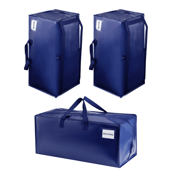 VENO 3 Pack Heavy Duty XL Foldable Moving Zipper Bag W/ Backpack Straps Alternative to Moving Box (Blue)