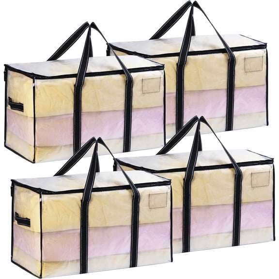 VENO 4 Pack Moving Bags, Moving Supplies, Moving Boxes, College Packing Storage Boxes with Lids Alternative, Dorm Space Saving Foldable Heavy-Duty Large Tote with Window, Zipper (Clear)