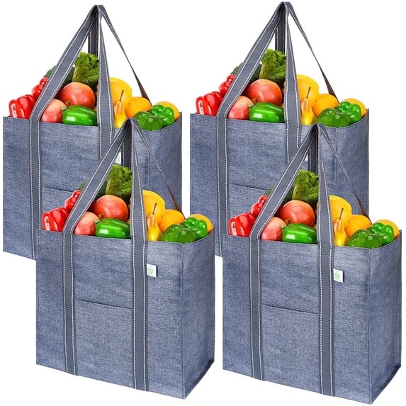 VENO 4 Pack Reusable Grocery Shopping Bag, Bags for Shopping Cart with Hard Bottom to Stand, Foldable, Multi-Purpose Heavy-Duty Tote, Daily Utility Bag, Sustainable (Gray)