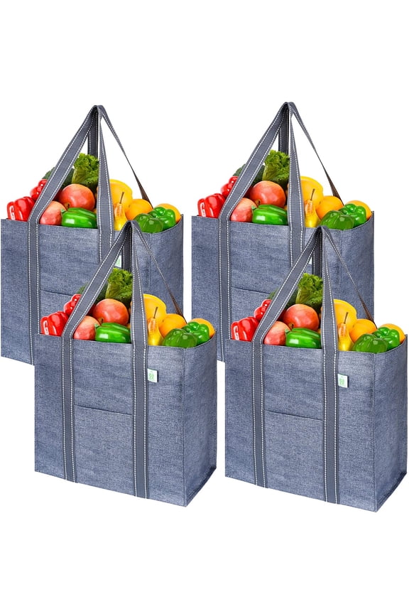 4 Pack Reusable Grocery Shopping Bag w/Hard Bottom, Foldable, Multi-Purpose Heavy-Duty Tote, Daily Utility Bag, Stands Upright, Sustainable (Gray)