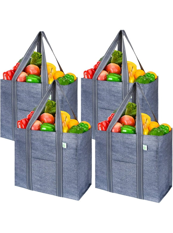 VENO 4 Pack Reusable Grocery Shopping Bag w/Hard Bottom, Foldable, Multi-Purpose Heavy-Duty Tote, Daily Utility Bag, Stands Upright, Sustainable (Gray)