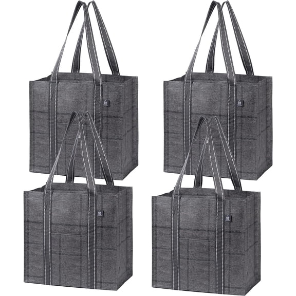 VENO 4 Pack Reusable Grocery Shopping Bag w/Hard Bottom, Foldable, Multi-Purpose Heavy-Duty Tote, Daily Utility Bag, Stands Upright, Sustainable (Windowpane)