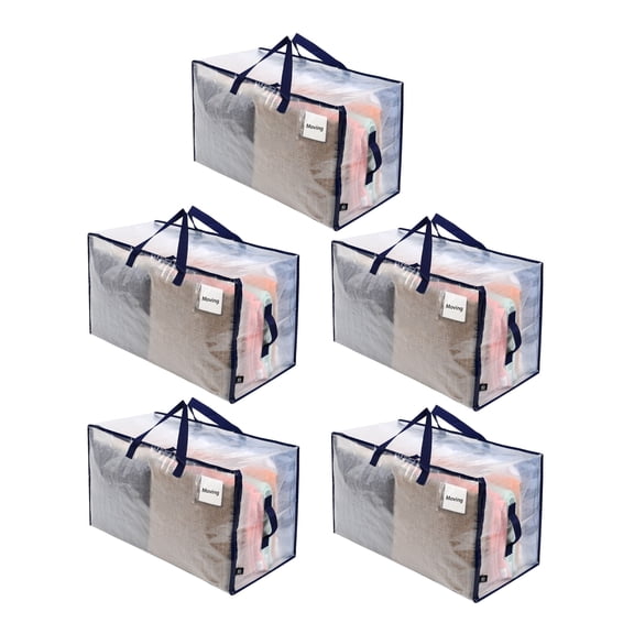 VENO 5 Pack Moving Bags, Moving Supplies, Moving Boxes, College Packing Storage Boxes with Lids Alternative, Heavy Duty Dorm Organizer Tote, Extra Large, Sturdy Handles, Zipper (Clear)