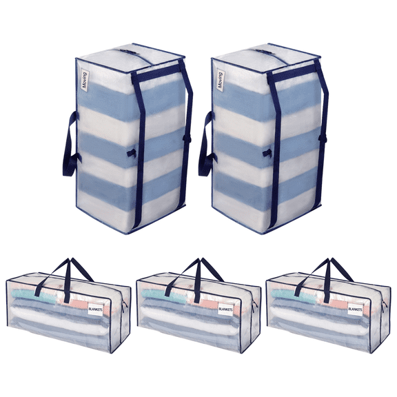 VENO 5 Pack Moving Bags w/Backpack Straps, Moving Supplies, Moving Boxes, College Packing Storage Boxes with Lids Alternative, Heavy Duty, Extra Large, Sturdy Handles, Zippers (Clear)