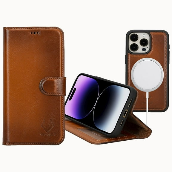VENOULT Chestnut Brown iPhone 15 Pro MAX 6.7" Wallet Case Genuine Leather, Magnetic Detachable Luxury Flip Case, RFID Protected, Compatible with Wireless Charge and Car Mount