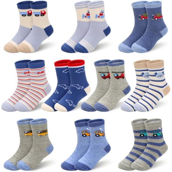 10 Pairs Kids Cotton Novelty Crew Socks, Non-Slip Toddler Socks with Cartoon Dinosaur Car Shark Patterns, 3-12 Years-truckcar-5