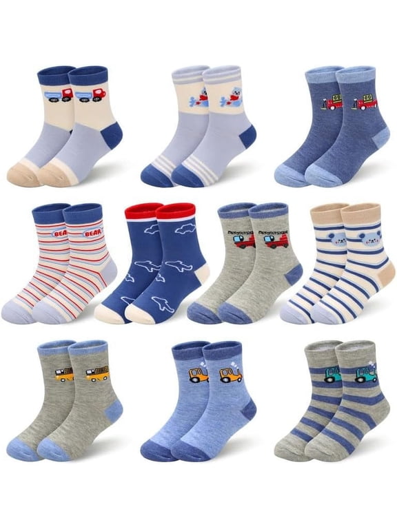 10 Pairs Kids Cotton Novelty Crew Socks, Non-Slip Toddler Socks with Cartoon Dinosaur Car Shark Patterns, 3-12 Years-truckcar-5