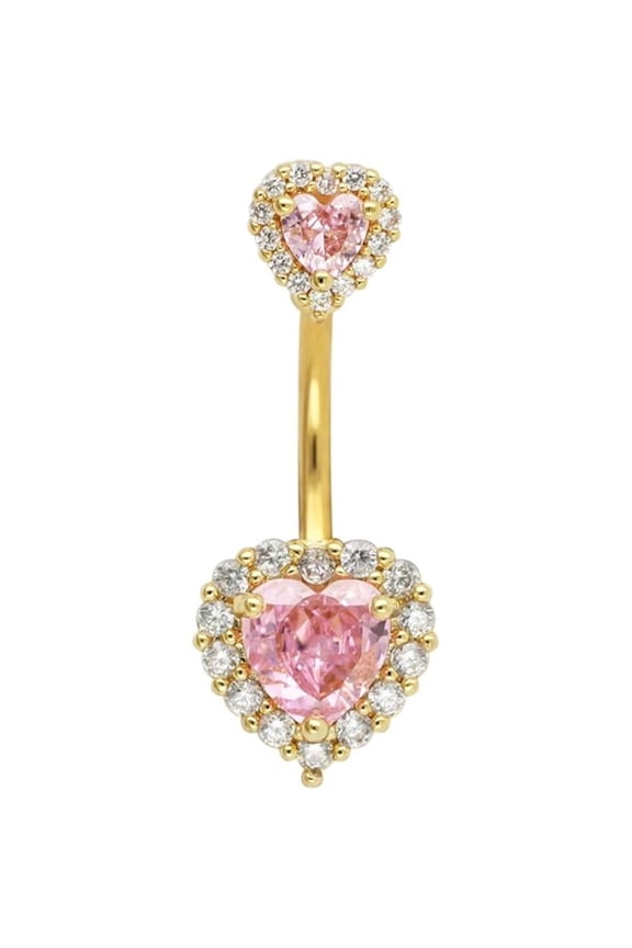 -14G Double Heart Cubic Zirconia Navel Belly Button Ring 316L Surgical Steel Piercing Barbell Body Jewelry-pink-
