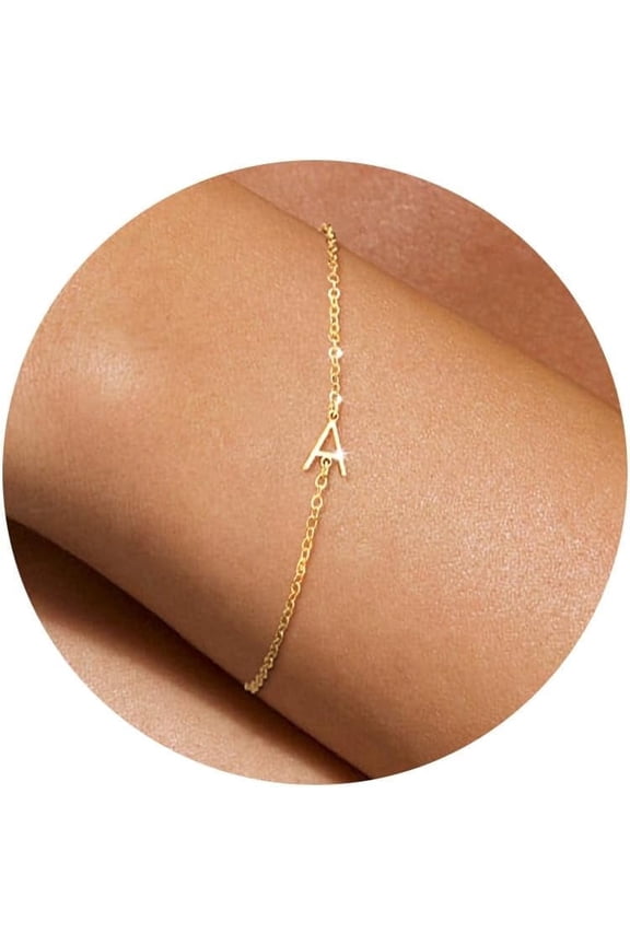-14K Gold Plated Initial Charm Bracelet for Women, Dainty Letter Bracelet with Cubic Zirconia, Adjustable Monogram Jewelry Gift-a-