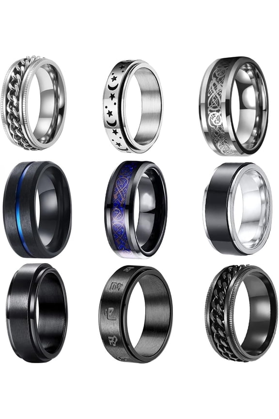 -9PCS Stainless Steel Rings for Men Black Rings Pack Band Rings for Men Cool Spinner Rings Set Fidget Rings for Men Wedding Promise Men’s Rings Jewelry-7-black