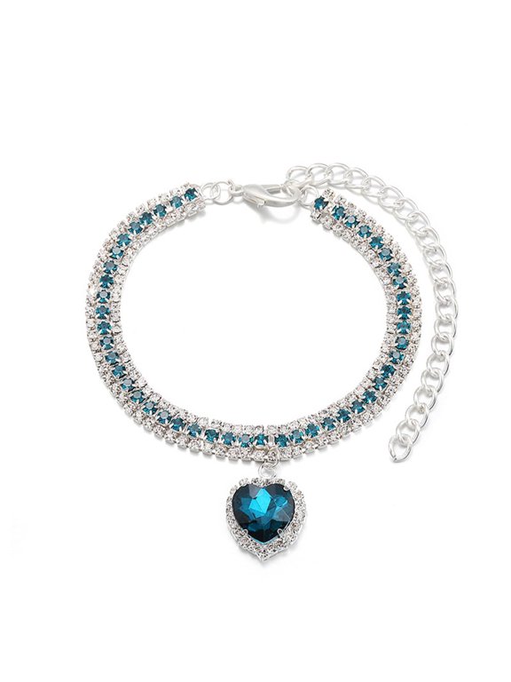-Bling Rhinestone Pet Jewelry Collar, Adjustable Crystal Puppy Necklace with Heart Pendant for Small Dogs and Cats, Blue