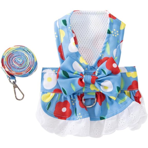 VENSIO-Blue Floral Mesh Dog Harness Dress for Small Dogs, Princess Skirt with Bow and Leash Set, Adjustable Magic Strap, Size S-lighblue-xs