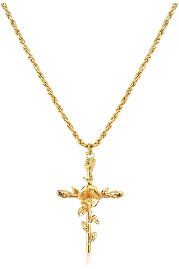 -Cross Necklace for Women 14K Gold Plated Birth Flower Necklaces Rope Cross Pendant Fashion Gold Jewelry Birthday Gifts 12 Month-feb.-