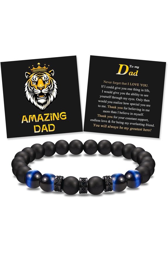 -Double-Layer Elastic Rope Bracelet for Men, To My Husband Son Brother with Sentimental Card, 8MM Black Agate and Blue Tiger Eye, 7.8 Inch-tomydad-