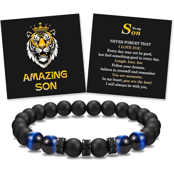 VENSIO-Double-Layer Elastic Rope Bracelet for Men, To My Husband Son Brother with Sentimental Card, 8MM Black Agate and Blue Tiger Eye, 7.8 Inch-tomyson-