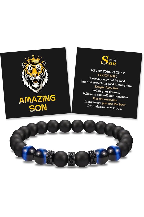 -Double-Layer Elastic Rope Bracelet for Men, To My Husband Son Brother with Sentimental Card, 8MM Black Agate and Blue Tiger Eye, 7.8 Inch-tomyson-