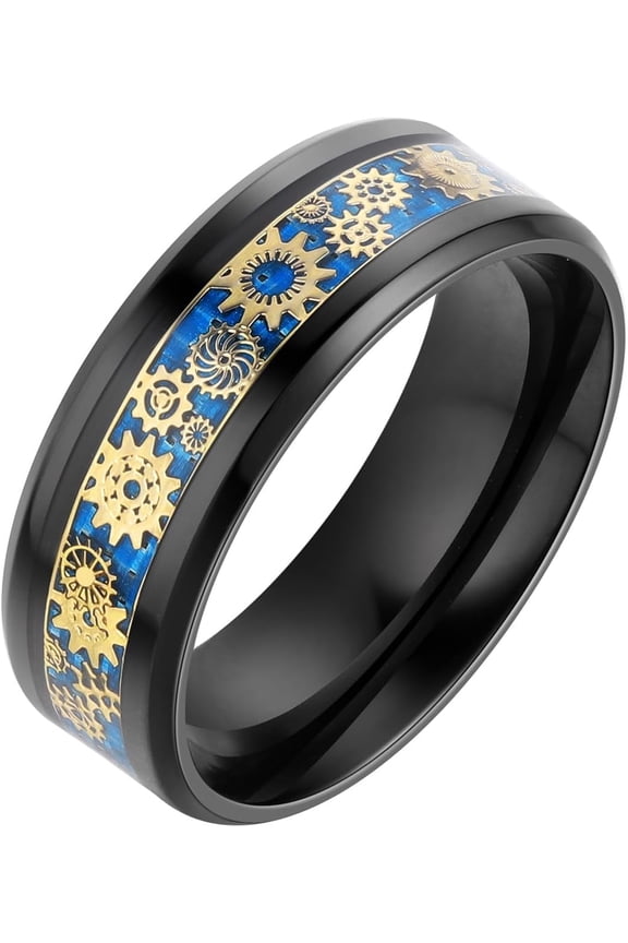-Steampunk Gear Wheel Ring Titanium Stainless Steel Black Blue Gold Ring for Men Wedding Band-blue-9
