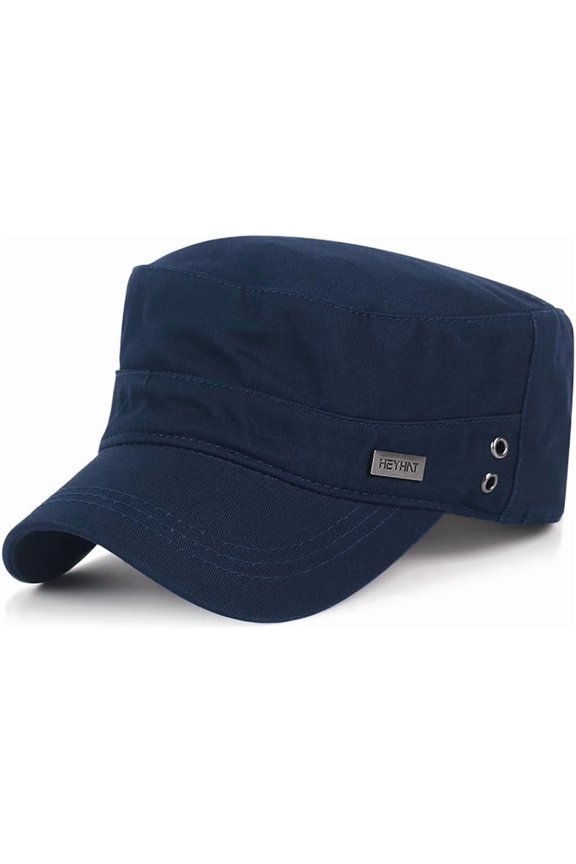 -Unisex Cotton Cadet Army Cap, Military Flat Top Hat with Adjustable Buckle, Sun Protection for All Seasons, Khaki-navyblue-