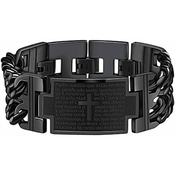 VENSIO-Vintage Stainless Steel Cross English Bible Lords Prayer Link Wrist Bracelet For Men, Gold and Black-1_33-