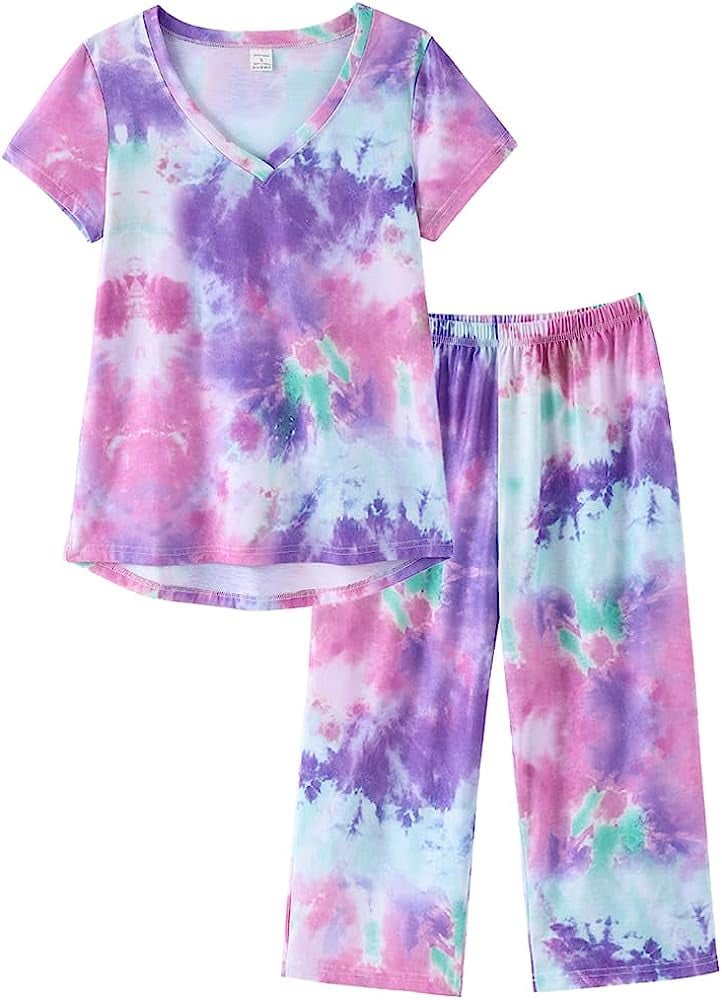 VENTELAN Women's Capri Pajama Sets Plus Size Sleepwear Top with Capri