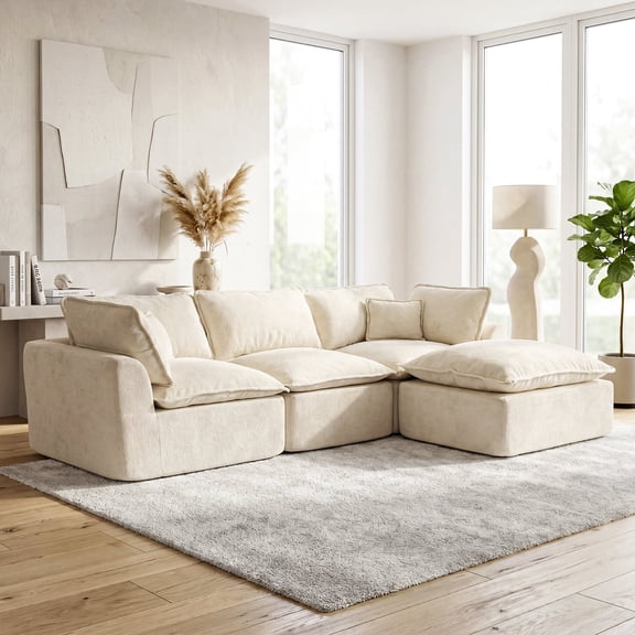 VENTOPYR 108" Modular Sectional Sofa, Hook-and-Loop Fixed Cushions, 5 Large Back & 2 Throw Pillows, High-Resilience Foam, Spacious Living Room Seating, Beige