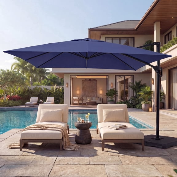 VENTOPYR 10x10 ft Roman Cantilever Umbrella, 3-Head with 360° Iron Rotation Plate, 8 Ribs ,Dark Blue