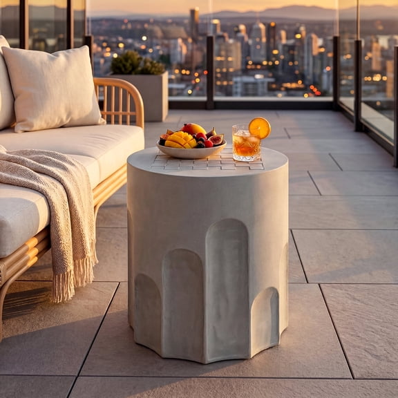 VENTOPYR 16.9" Cylindrical Outdoor Side Table with Checkerboard Pattern Top, Outdoor & Indoor Use for Garden, Patio, Living Room, Gray