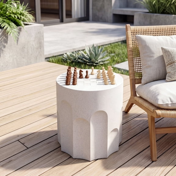 VENTOPYR 16.9" Cylindrical Outdoor Side Table with Checkerboard Pattern Top, Outdoor & Indoor Use for Garden, Patio, Living Room, White