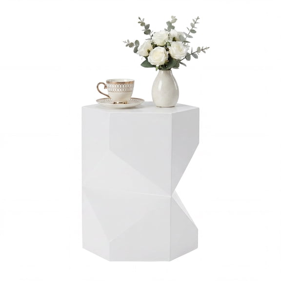 VENTOPYR 17.9" Polygonal Magnesium Oxide Side Table, Unique Geometric Accent End Table for Living Room, Bedroom, Patio, White