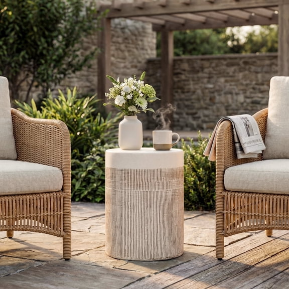 VENTOPYR 17" Round Cylinder Fluted Texture Concrete Side Table, Outdoor for Garden, Patio, Light Beige