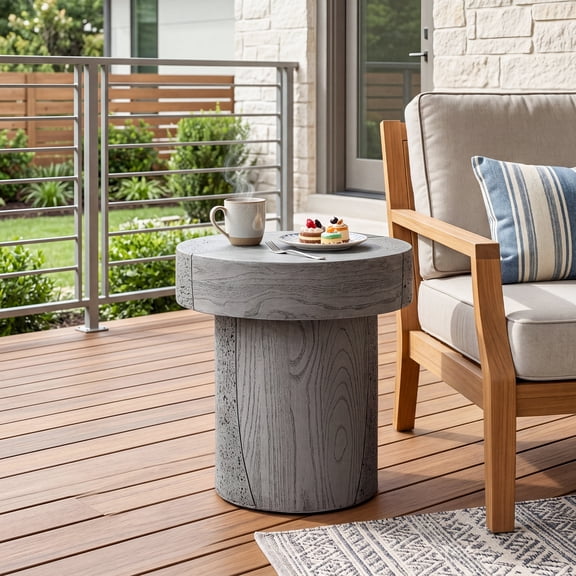 VENTOPYR 19.8" H Tapered Round Side Table, Faux Wood Travertine, Magnesium Oxide Accent Table, Dark Gray