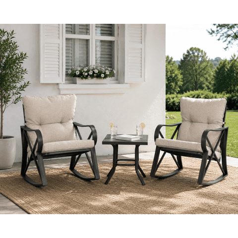 VENTOPYR 3 Piece Rocking Chair Bistro Set, Patio Outdoor Furniture w Cushions, Glass-Top Table