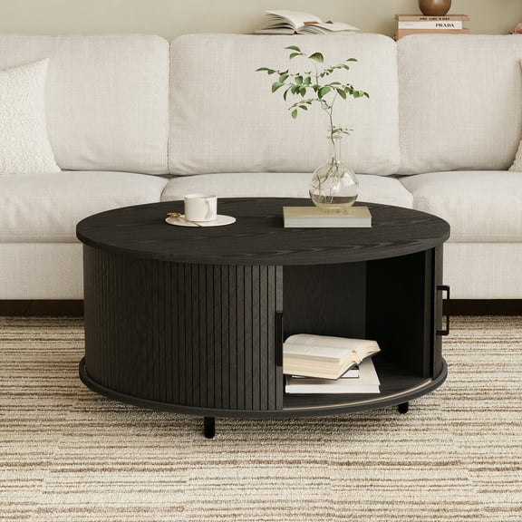 VENTOPYR 31.5'' Round Coffee Table with Hiddern Storage and Sliding Door,Modern Center Table for Living Room