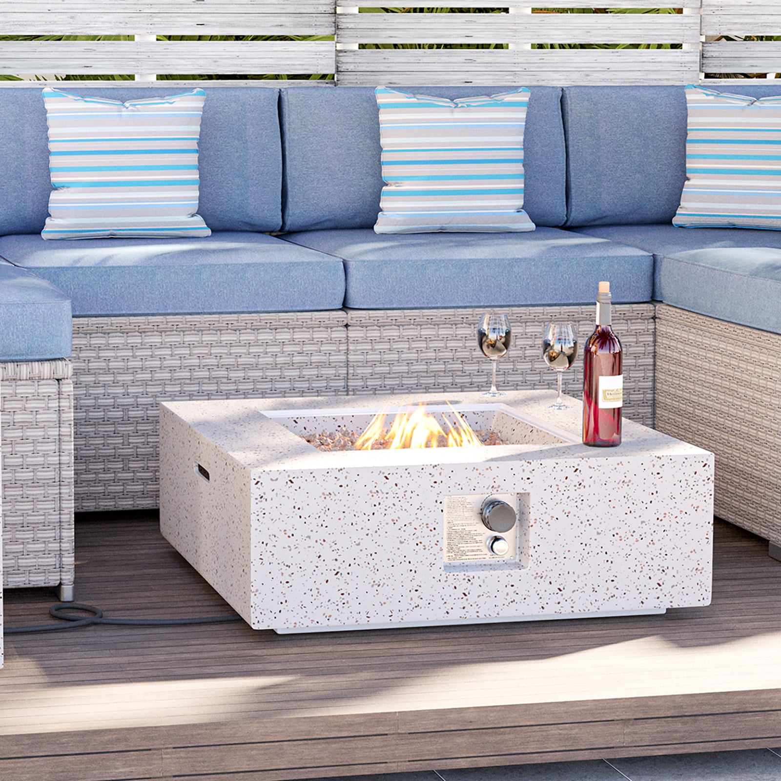 VENTOPYR 35''Outdoor Square Propane Fire Pit Table,Terrazzo White Faux Stone Finish