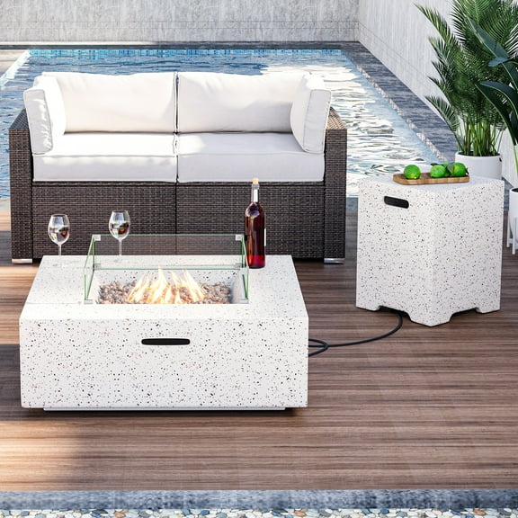 VENTOPYR 35''Outdoor Square Propane Fire Pit Table,Terrazzo White Faux Stone Fire Pit Set with Tand and Wind Guard