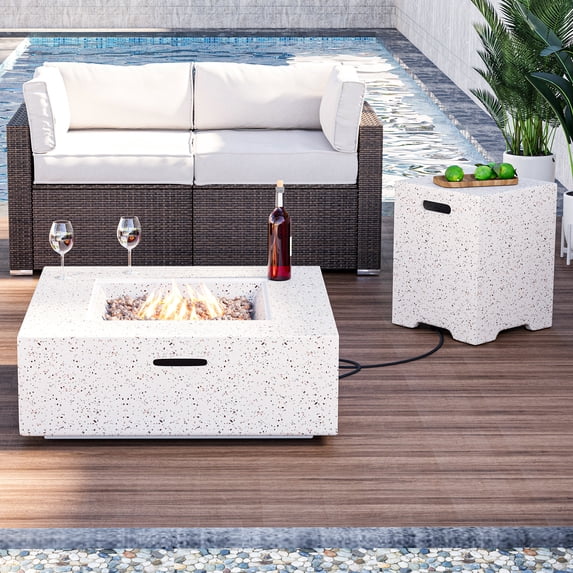 VENTOPYR 35''Outdoor Square Propane Fire Pit Table,Terrazzo White Faux Stone Fire Pit Set with Tank