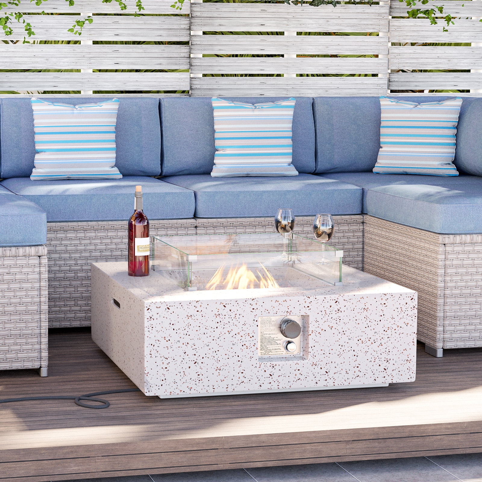 VENTOPYR 35''Outdoor Square Propane Fire Pit Table,Terrazzo White Faux Stone Fire Pit Set with Wind Guard
