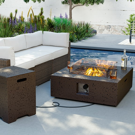VENTOPYR 35''Outdoor Square Propane Fire Pit Table with Tank and Wind Guard